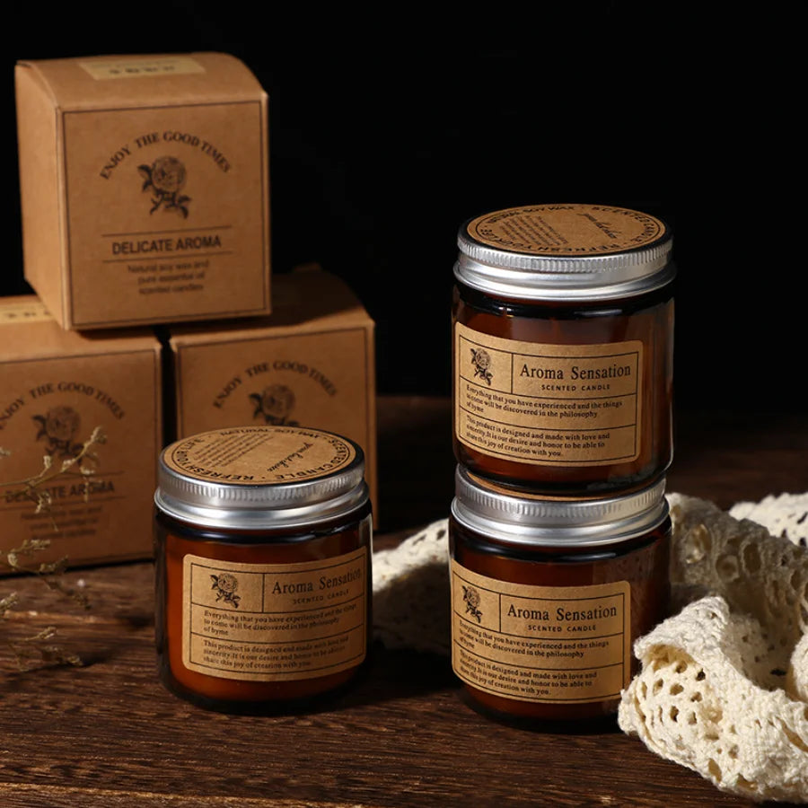 Handmade Brown Glass Aromatherapy Soy Candle – Smokeless Scented Candle for Home Decor & Gifting