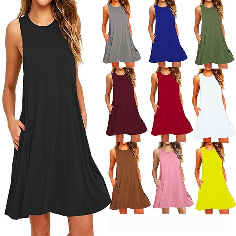 Women's Summer Casual Tank Dress with Pockets   Beach Cover-Up   Plus-Size Loose T-Shirt Dress