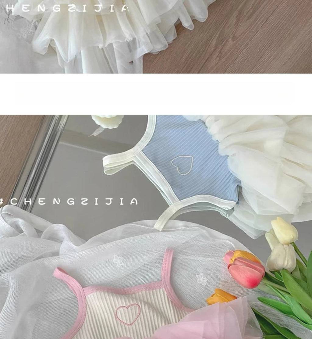 ZOETOPKID Summer Girl Princess Dress Stylish Baby Strap Vest Layered Dress Korean Puffy Mesh Skirt Toddler Kids Trendy Skirts