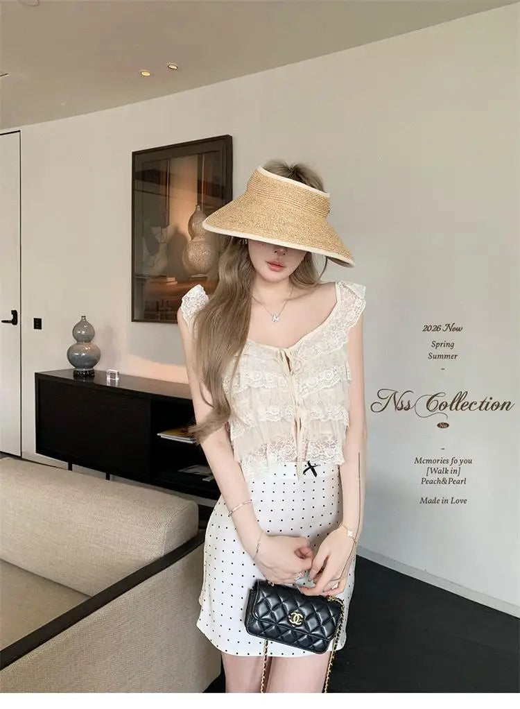 Korean Style Short Lace Halter Top Women's Summer New Design Pure Desire  Leaf  Spicy Girl Commute Loose Fit Casual