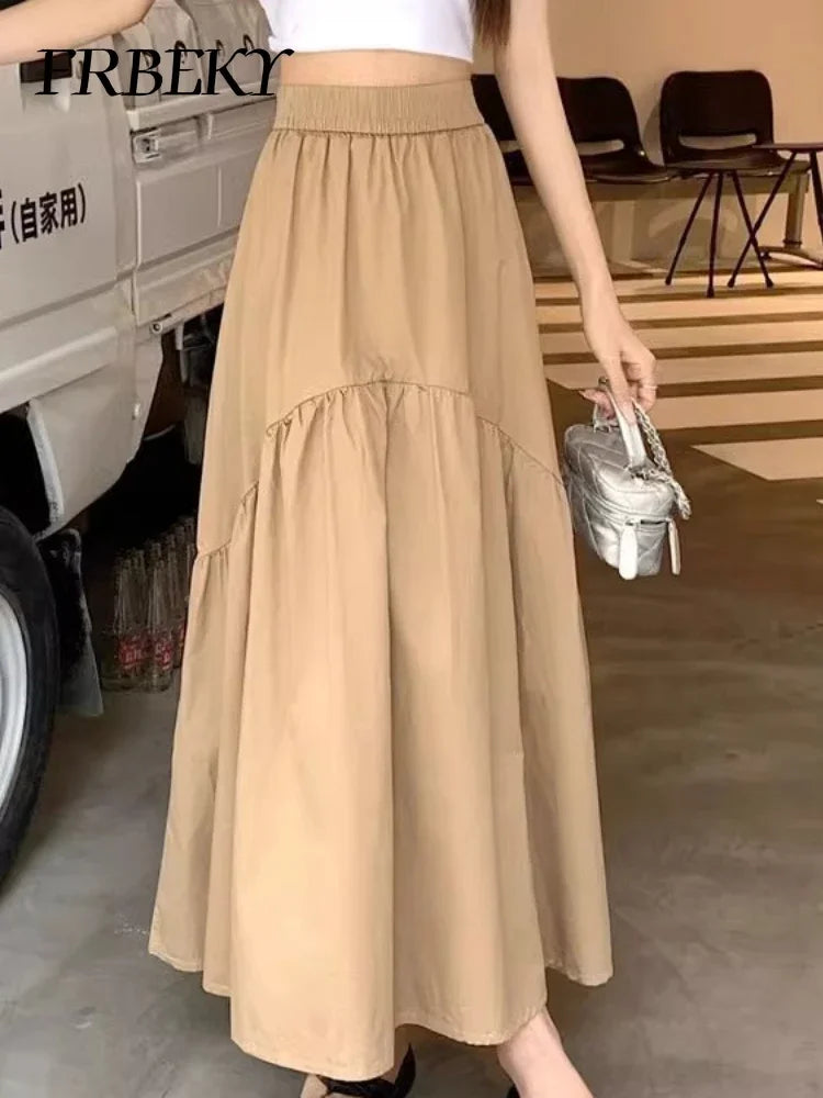 Elegant Women's Skirt Autumn New A-line Simple Fashion Solid Color Bustier Korean Pleated Splicing Elastic Waist Long Skirt