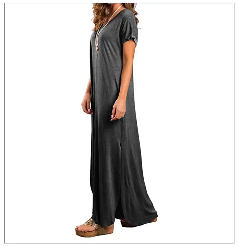 Women's Casual Maxi Dress V Neck Short Sleeve Dresses Loose Fit Long Dress with Pockets Side Slit Outfit Home Casual Daily Wear