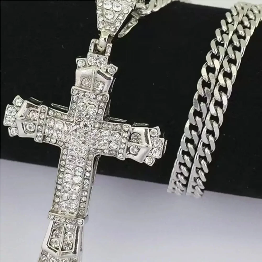 1 Style Men'S Rhinestone Christian Cross Rhinestone Pendant Necklace Personality Fashion Street Domineering Chain Jewelry