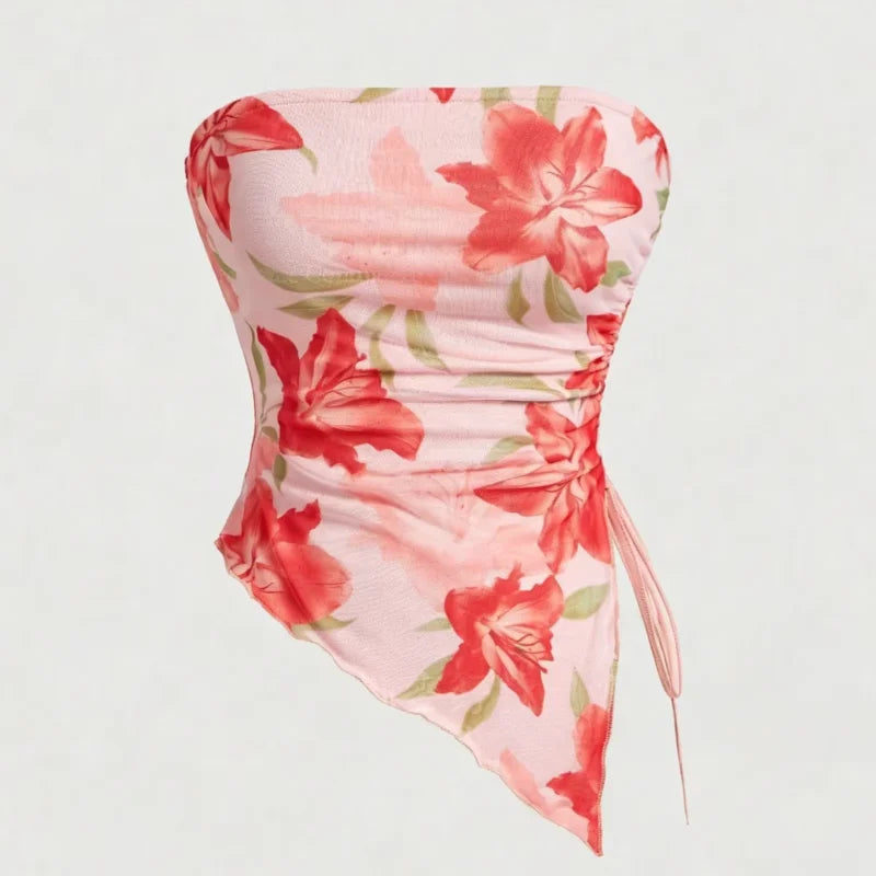 Women's Pink Tube Top Floral Print Ruched Side Tie Asymmetric Hem Sleeveless Strapless Top Spring Summer Fashion Casual Crop Top