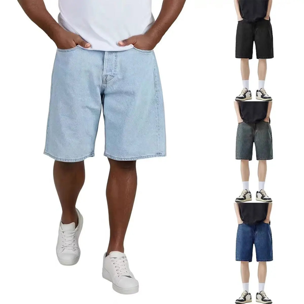 Light colored denim shorts summer slim fit new loose straight leg mid length pants high waist slimming five quarter pants