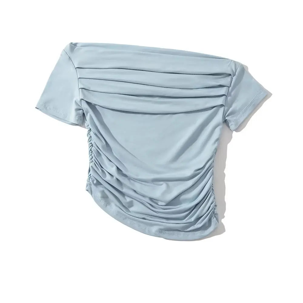Sexy Spicy Girl Short Sleeve Slim Fit Pleated One Shoulder Base Shirt Street Snap Popular Thinming Street Snap Top for Summer