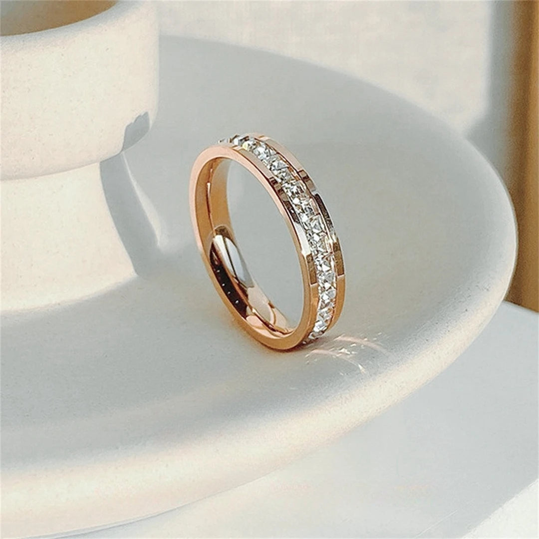 Luxury Rose Gold Double Rowed Square Zircon Stainless Steel Ring Women'S'S Romantic Engagement Wedding Jewelry Women'S