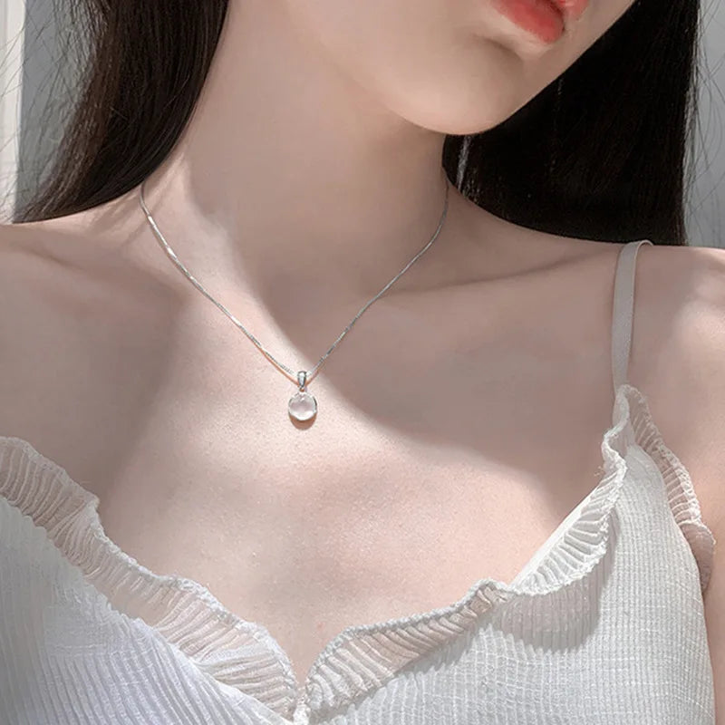 Elegant Chalcedony Round Pendant Necklace for Women Fashion Box Chain Necklace Short Clavicle Chain Female Jewelry Gift