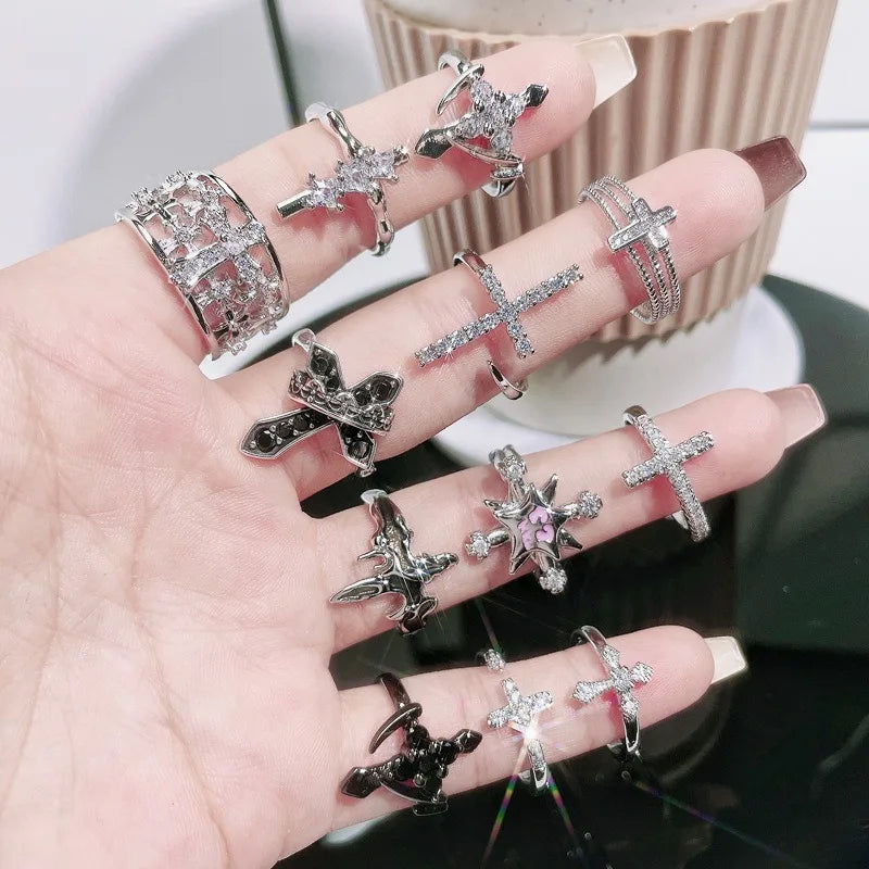 New Fashhhion Punk Dark Vintage Cross Open Rings For Women'S Luxury Copper Gold-Plated High-Quality Rings Y2K Style Jewelry