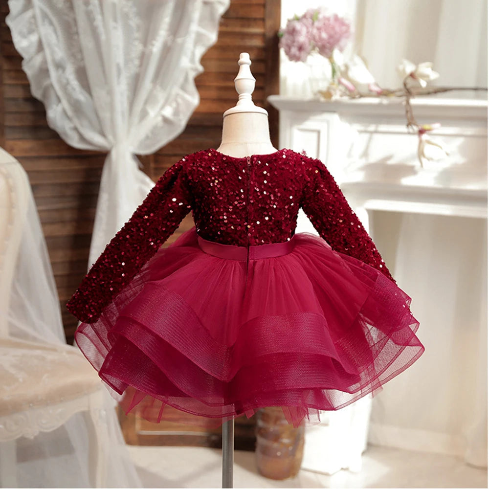 HETISO Girls Party Dresses Long Sleeve V-Neck Kid's Children Elegant Dress for Girl Sequined Tutu Wedding Ball Gowns 4 6 8 10Y