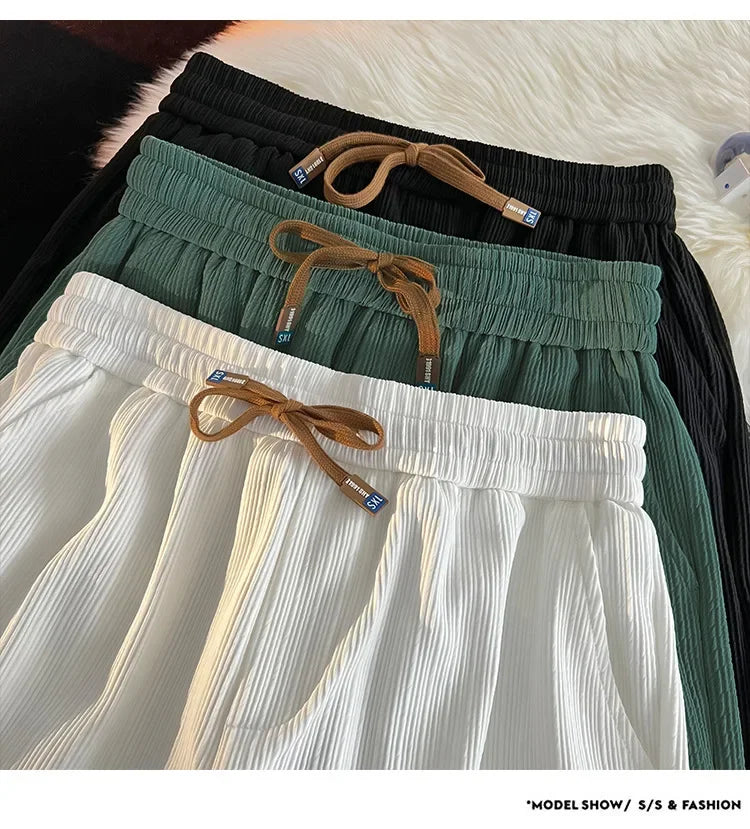 Ice Silk Casual Shorts Unisex Thin American Style Quick Dry Loose Large Size Beach Five-Quarter Pants Summer Lightweight Comfort