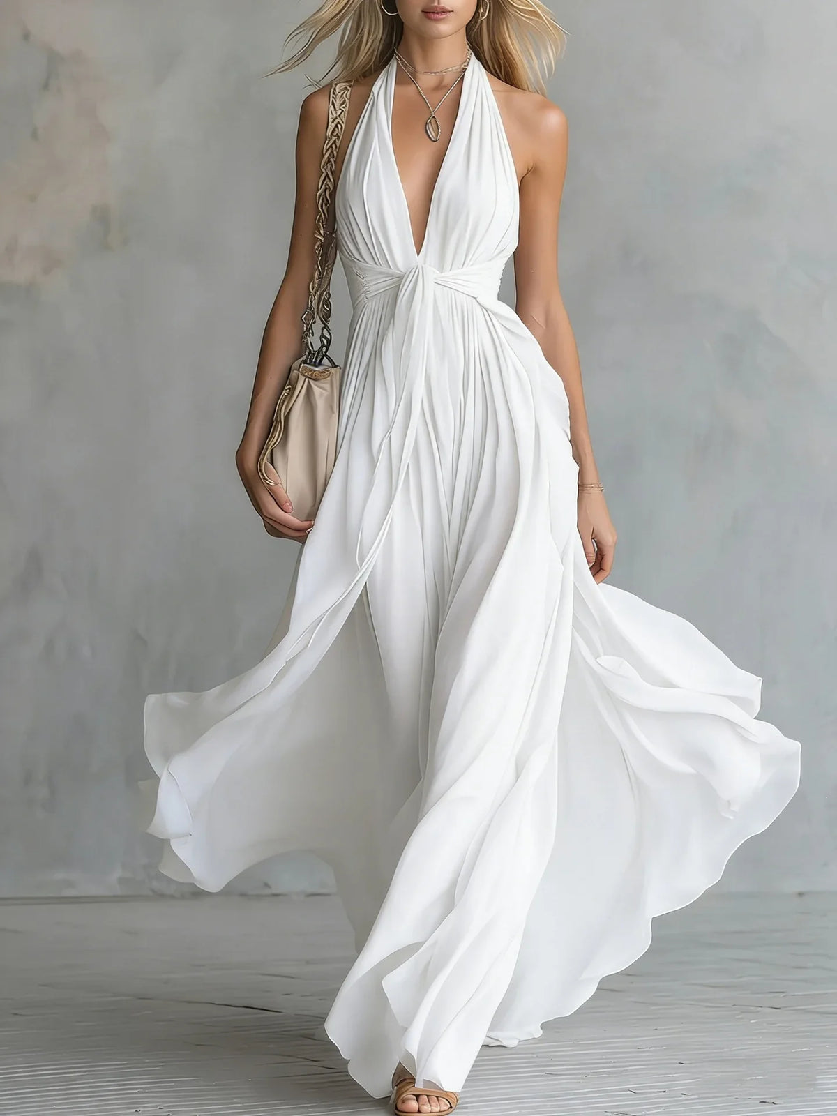 Elegant Summer Fashion Solid Sleeveless Flowy Maxi Dress Boho Casual Holiday Dress Women's Sexy Deep V-neck Lace-up Long Dresses