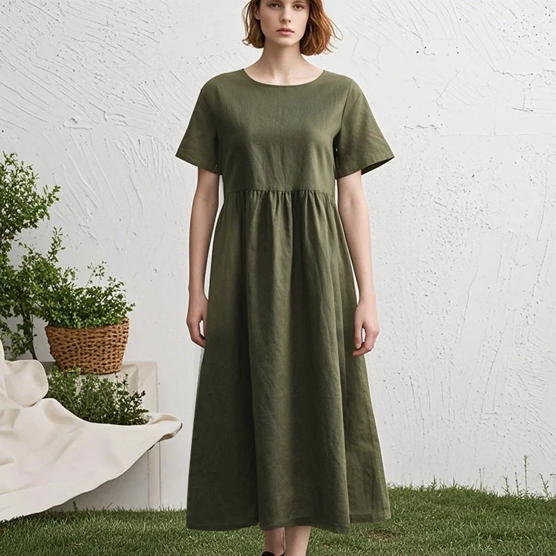 Women Cotton Linen Midi Dresses Summer Chic Female Vestidos Loose A-Line Dress Short Puffy Sleeve Casual Sundress