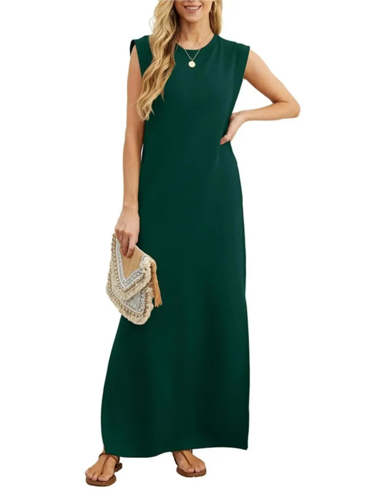Lady Casual Solid Color Streetwear Summer Fashion Sleeveless Loose Long Dress Woman's Simple Style Slit Hem With Pocket Vestidos