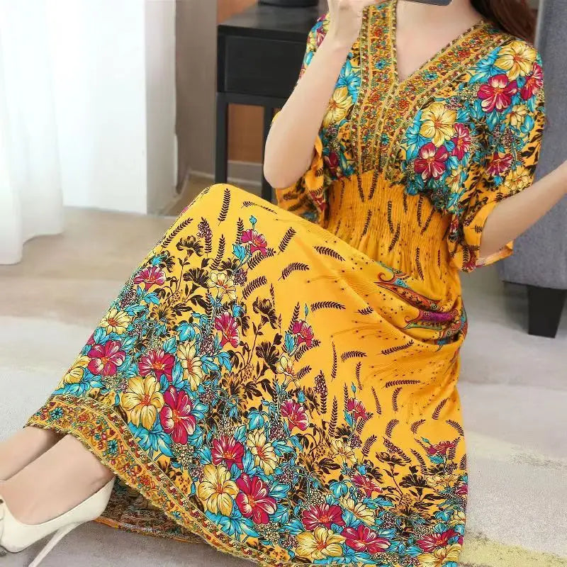 Summer New Casual Elegant Retro Bohemian Style V-neck Elastic Waist Large Swing Printed Long Skirt Autumn Summer Dress