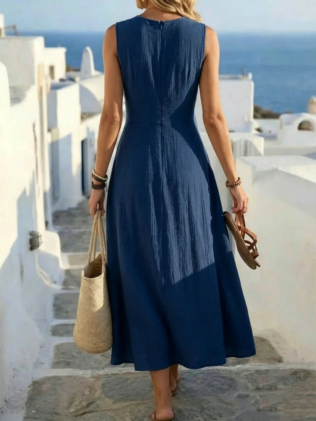 Women's Summer Fashion New Style Elegant Crossed Waistline Round Neck Sleeveless Solid Color Resort Style Maxi Dress