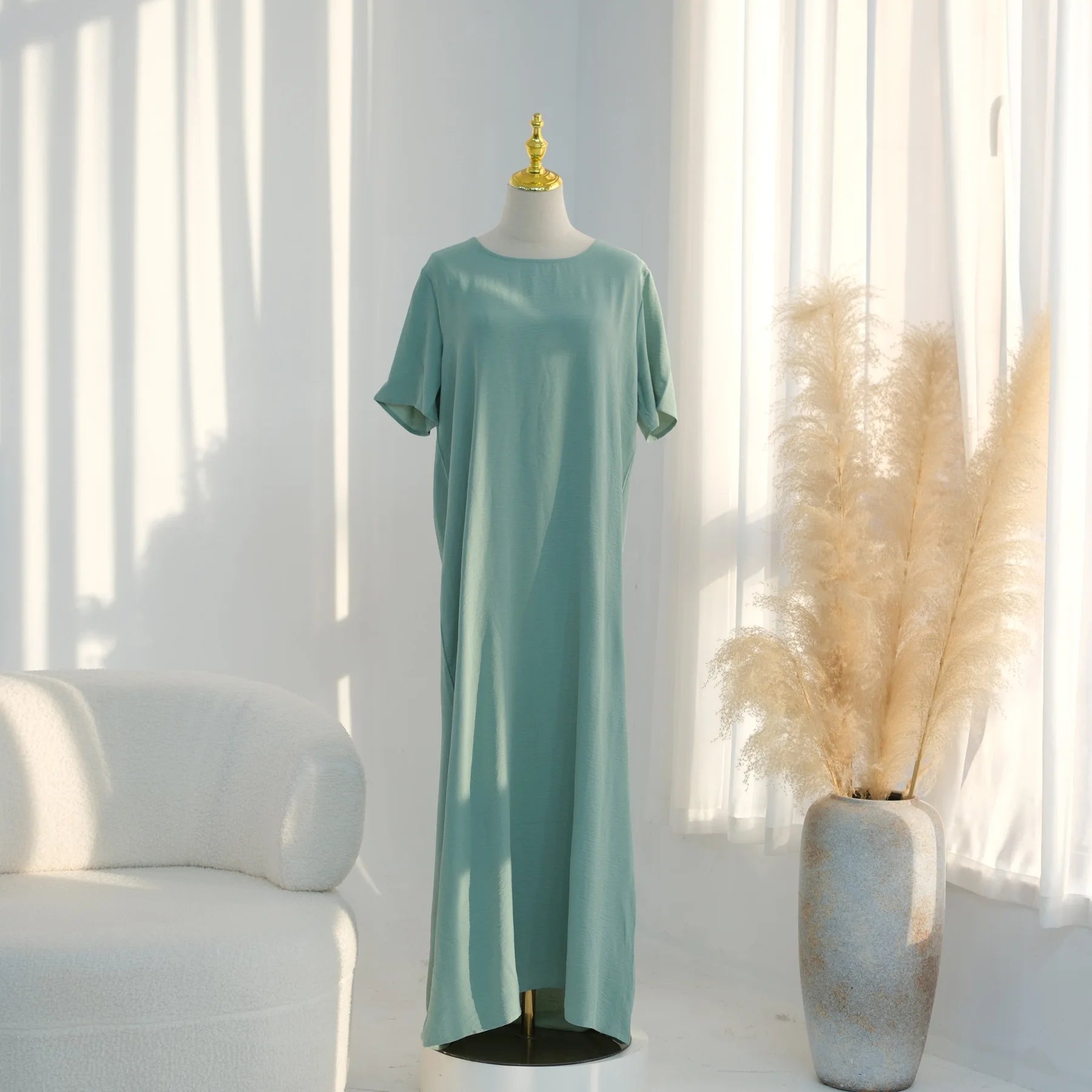 Modest Short Sleeve Women Inner Dress Basic Abaya Muslim Eid Ramadan Round Neck Maxi Loose Casual Long Versatile Fashion Kimono