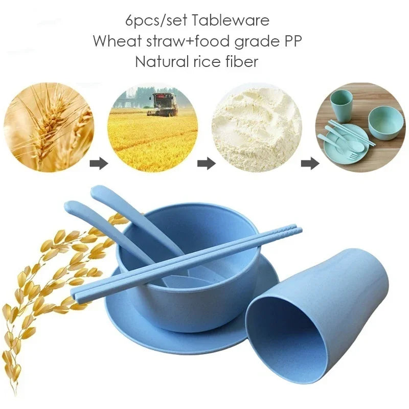 6 Pcs/Set Wheat Straw Baby Tableware Children Food Dishes Bowl Feeding Infant Learning Dinnerware Spoon Chopsticks Fork Cup New