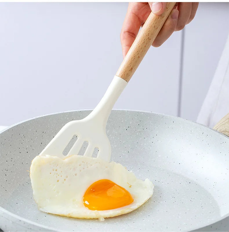 2/12Pcs White Silicone Kitchen Utensils Set with Wooden Handle,Cookware Spatula, Heat Resistant Non-stick Kitchen Cooking Tools