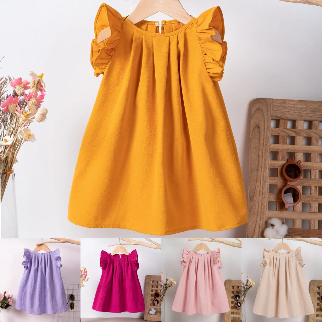 Toddler Girl Ruffle Sleeveless Dress, Solid Flared Hem Princess Party Dress, Elegant Vintage Casual Sundress for Baby Girls 1-6Y