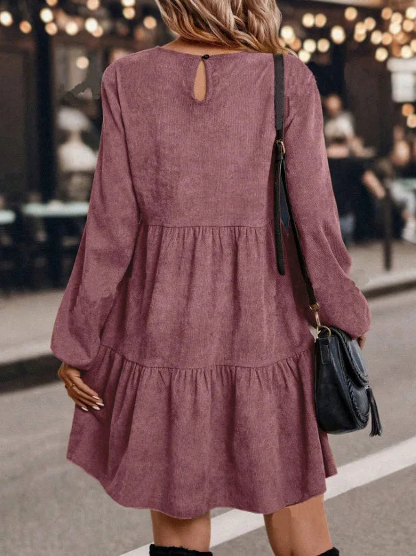 Women's Long Sleeve Tiered Ruffle Mini Dress, Casual Round Neck Solid Color Swing A-Line Dress for Autumn Winter Daily Wear