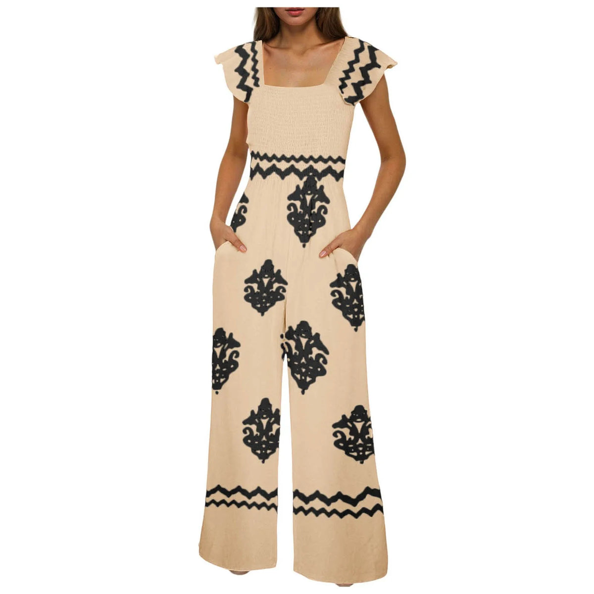 Womens Beach Vacation Tight Jumpsuits Boho Retro Print Cap Sleeve High Waist Wide Leg Romper With Casual Jumpsuits With Pockets