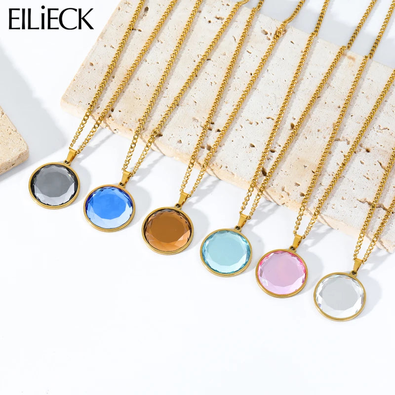 Eilieck 316L Stainless Steel Round Colored Crystal Pendant Necklace For Women'S New Trend Choker Clavicle Chain Jewelry