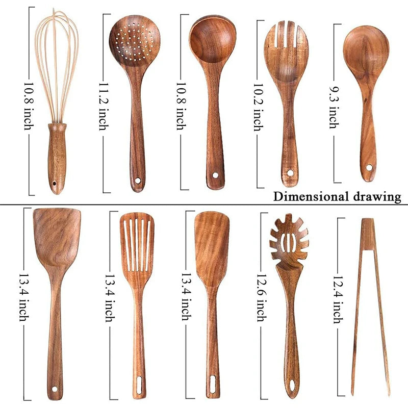 LMETJMA 10 Unidades de Utensilios de Cocina de Madera de Teca Natural, Juego de Cucharas y Espátulas de Madera para Cocinar y Hornear JT503