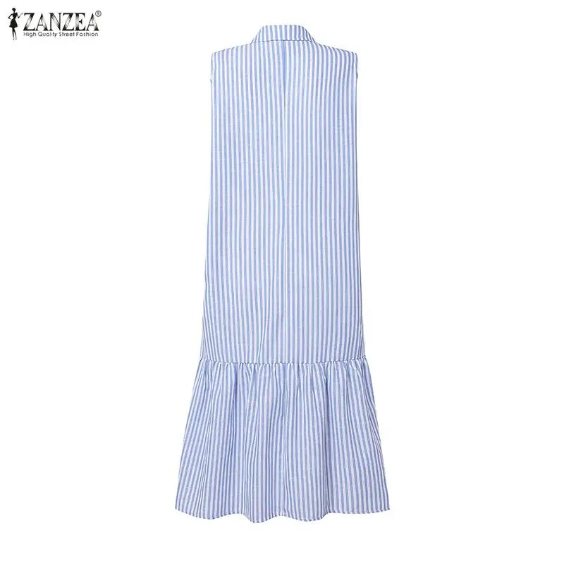ZANZEA Elegant Women Striped Sleeveless Shirt Dress Casual Ruffle Hem Summer Holiday Button Down Office Work Midi Sundress Robe