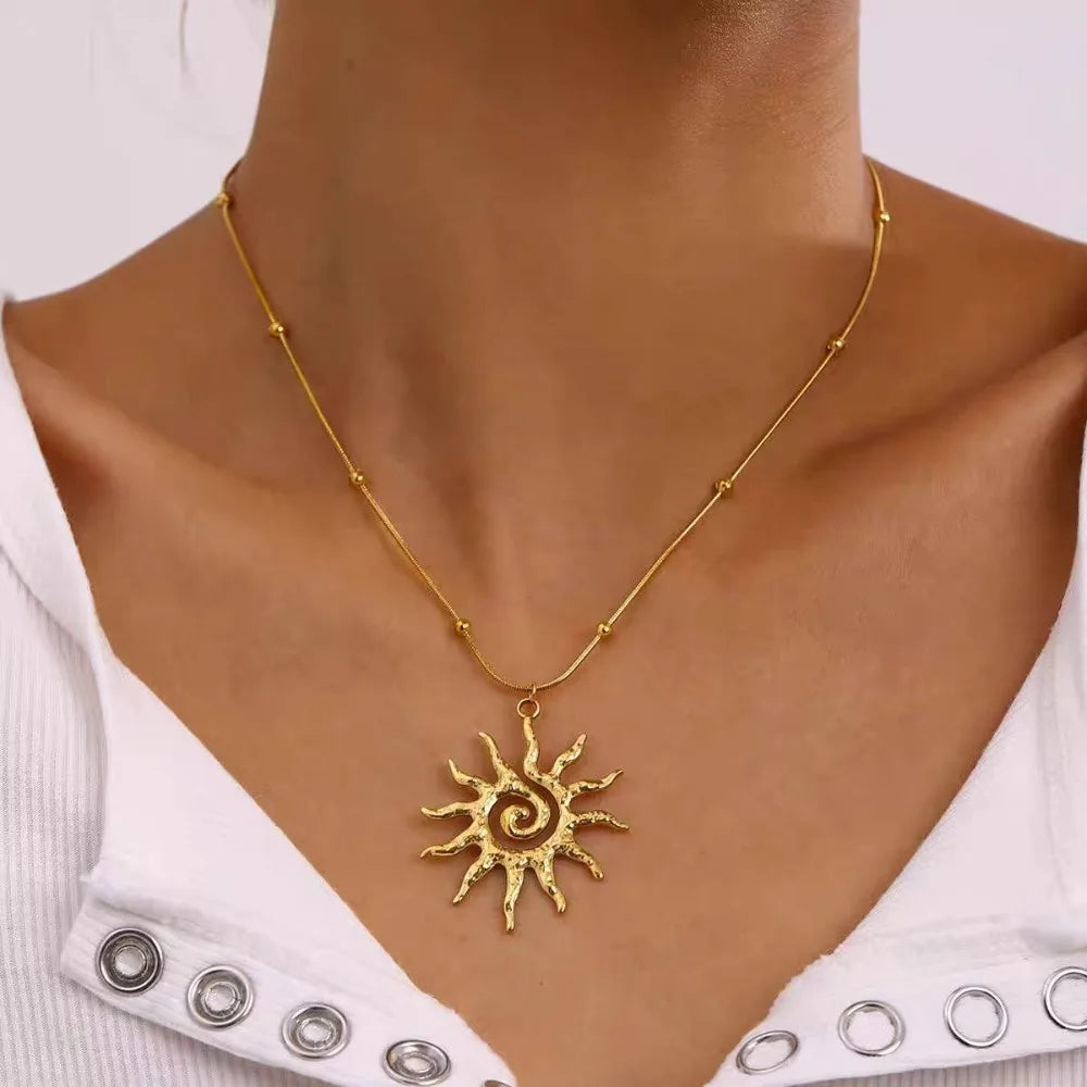 Fashion Vintage Chic Sun Shaped Pendant Necklace Stainless Steel Earrings Statement Fashion Jewlery Accessories
