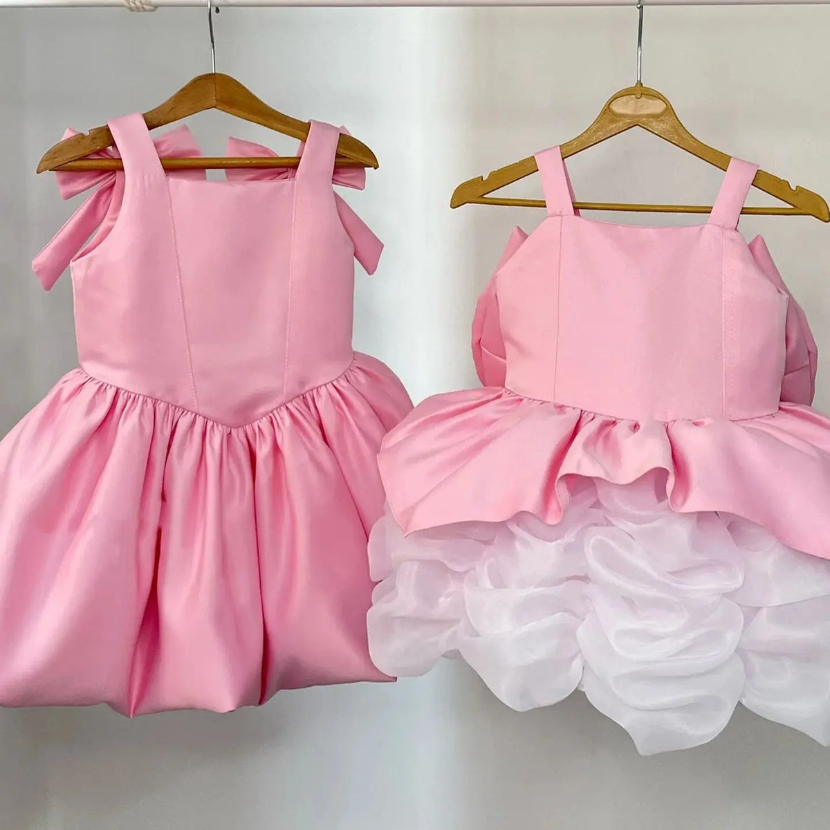 HETISO Girls Elegant Satin Vintage Dresses Cute Solid Pink Sky Blue Flower Kids Birthday Holiday Wedding Party Ball Gown