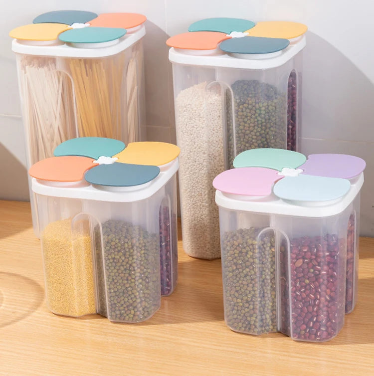 Caja de almacenamiento de cereales para cocina, de plástico, con 4 compartimentos, tarro sellado para cereales, recipiente para alimentos, tanque de grano a prueba de humedad, caja para mantener frescos los espaguetis