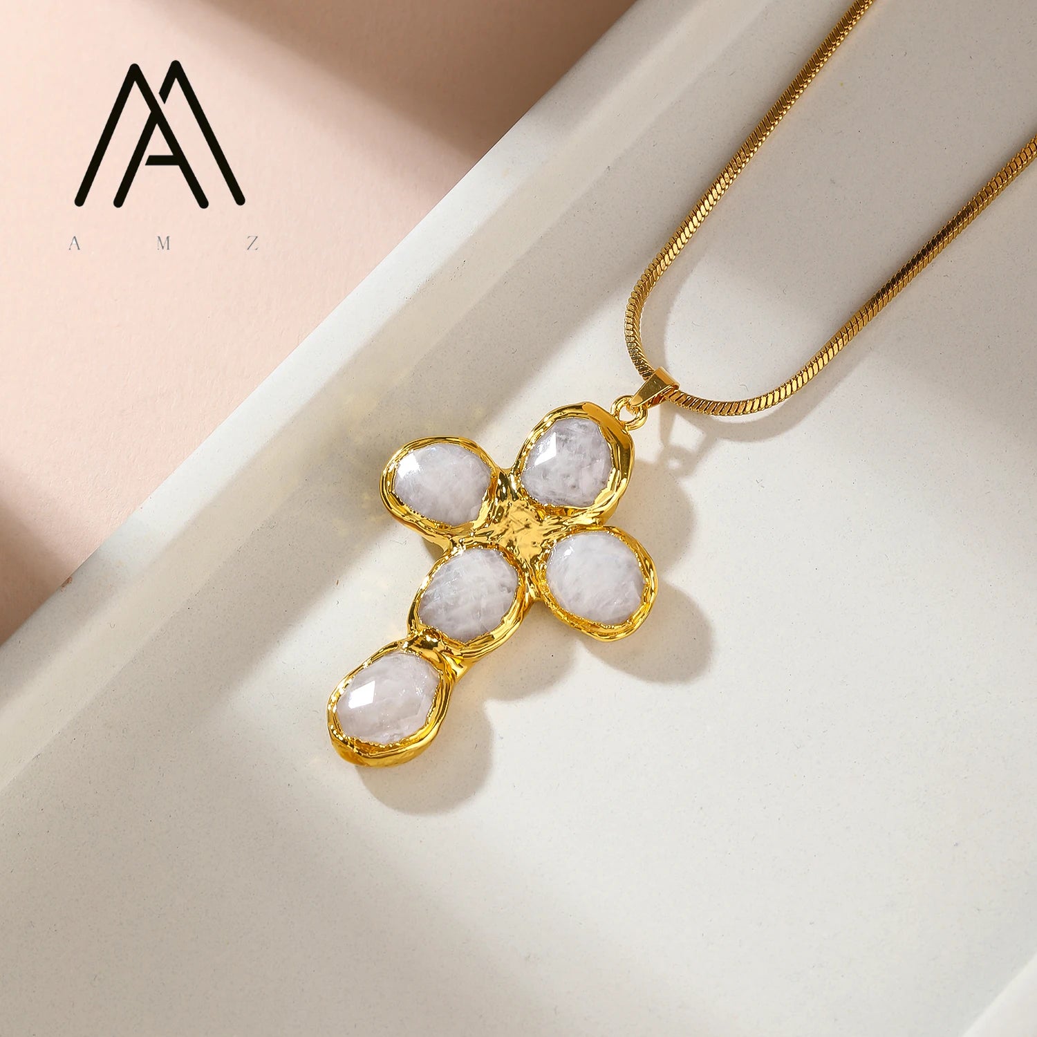Cross Pendant Necklace Natural Moonstone Tianhe Stone Jewelry Classic Elegant Style Necklace Wedding Banquet Daily Jewels