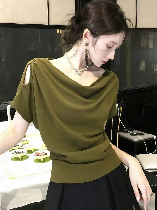 Unique Beautiful Shoulder-baring Short Sleeve T-shirt Women's Summer 2026 New plus Size Loose Fit Korean Style Creative Pattern