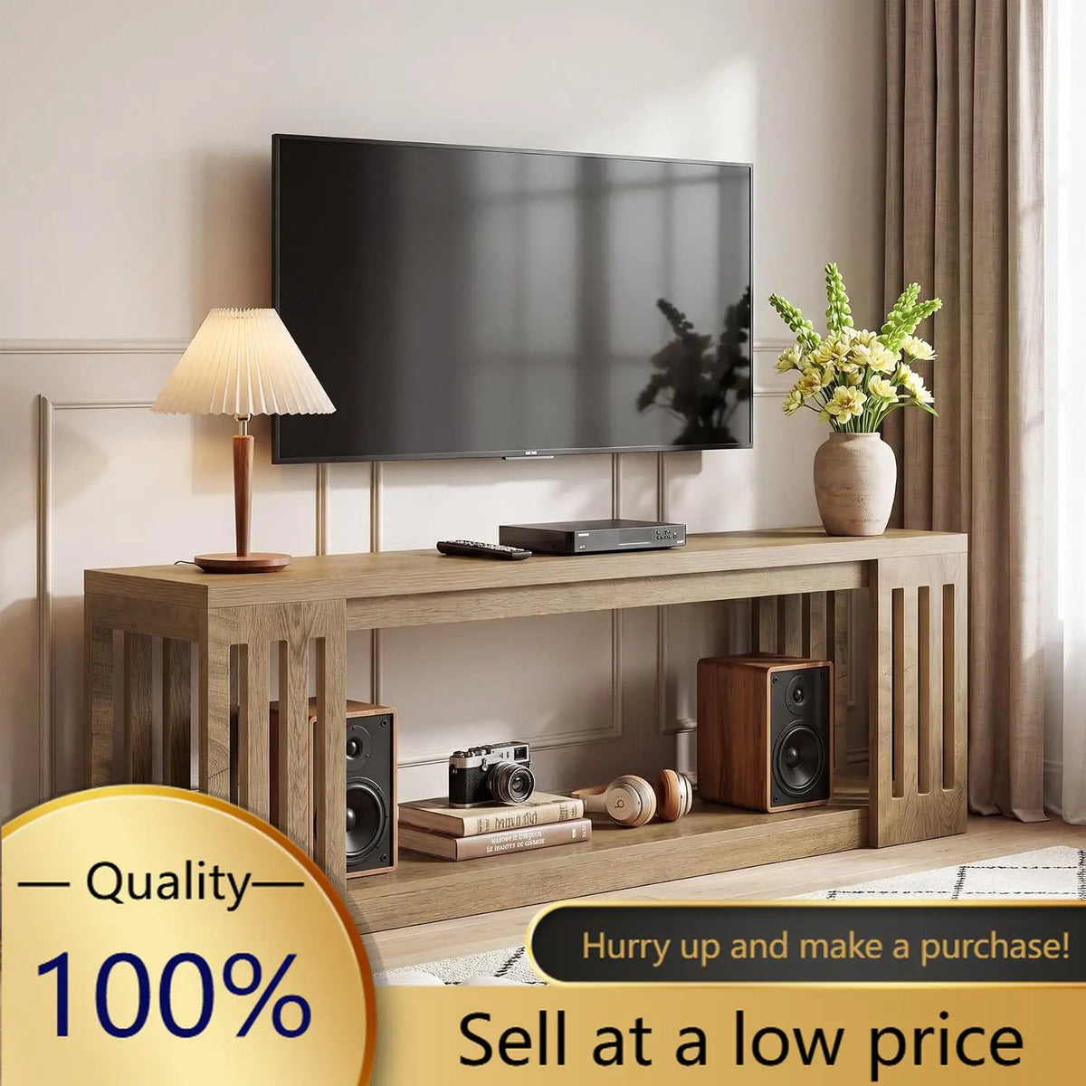 63-Inch TV Stand for 55/60/65/70-Inch TVs, Farmhouse Entertainment Center with 2-Tier Open Storage Shelves, Wooden Media Console