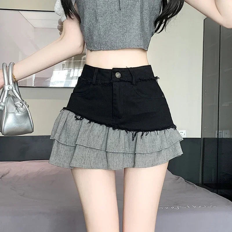 Fashion 2025 New Denim Patchwork Ruffle Denim Skirts Women Summer Retro High Waist Slim Skirts Woman