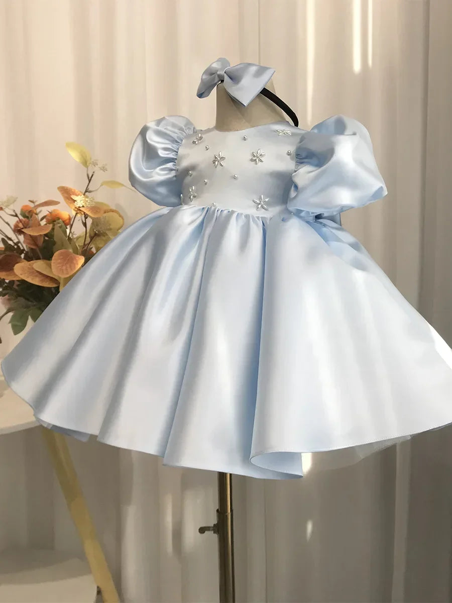 2026 Baby Girls Party Dress Blue Children Clothes Elegant Baptism Sleeves Plain Ball First Birthday Beading Puff Gowns
