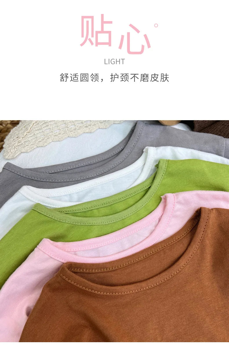 100% Cotton Children Simple T-Shirt Solid Color Versatile Short Sleeve Tops For Boys And Girls Summer New Baby Bottoming Shirt