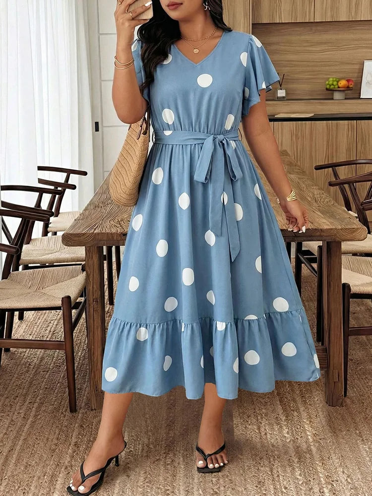 GIBSIE Plus Size Polka Dot V-Neck Belted Ruffle Hem Dress Women Casual Vacation Flounce Sleeve Big Swing Summer Long Dresses
