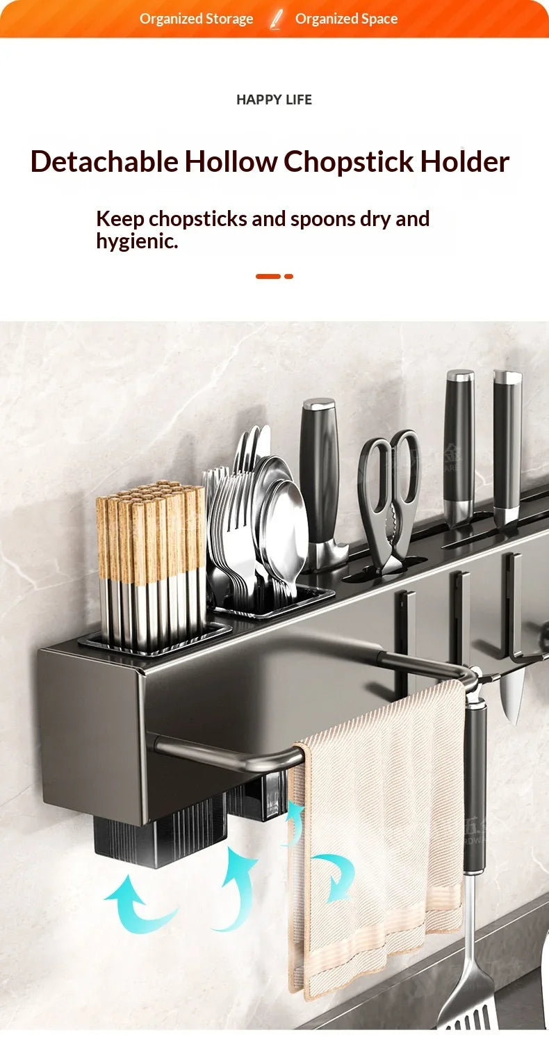 Wall Mounted Kitchen Knife and Chopstick Holder - Stainless Steel