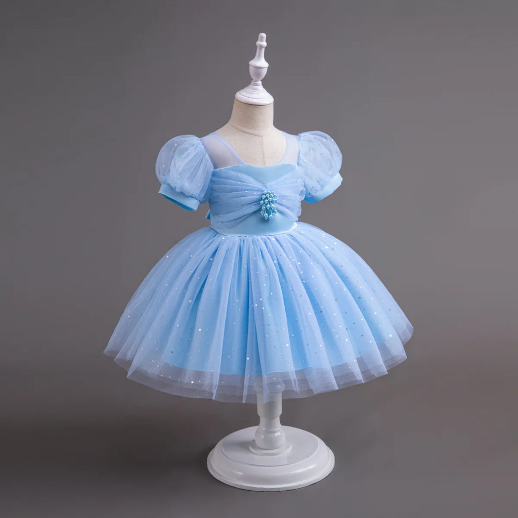 HETISO Pearls Bowknot Kids Girls Dresses Summer Tulle Vintage Elegant Princess Party Gown Children's Gift