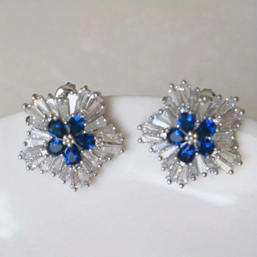 Gorgeous Blue Cubic Zirconia Stud Earrings, Fashion Jewelry for Women, Ideal for Engagement Wedding & Party Occasions