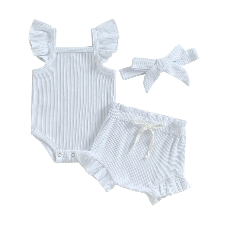 0-18M Summer Lovely Toddler Baby Girls Boys Clothes Sets Solid Knit Ruffles Sleeve Bodysuit Romper Tops Shorts 2Pcs Clothes