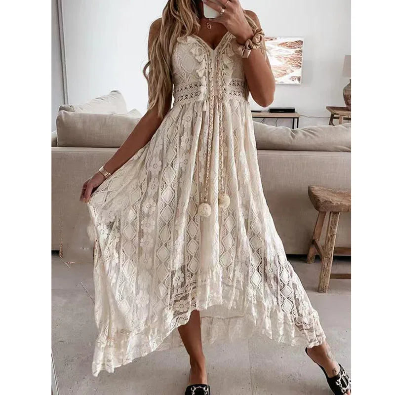 Ladies Dress A-line Lace Embroidery Design V-neck Sleeveless Mid Waist Slim Solid Color Simple Elegant Fresh Retro Sling Dress
