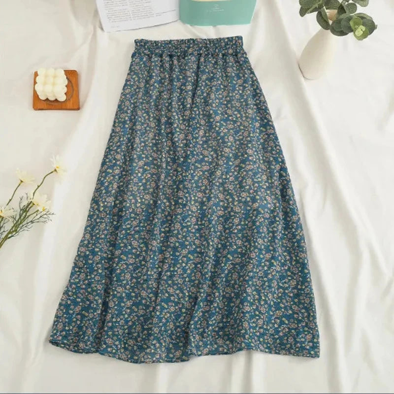 Women's Korean Style Floral Chiffon Midi Skirt – High Waist Loose A-Line Summer Skirt