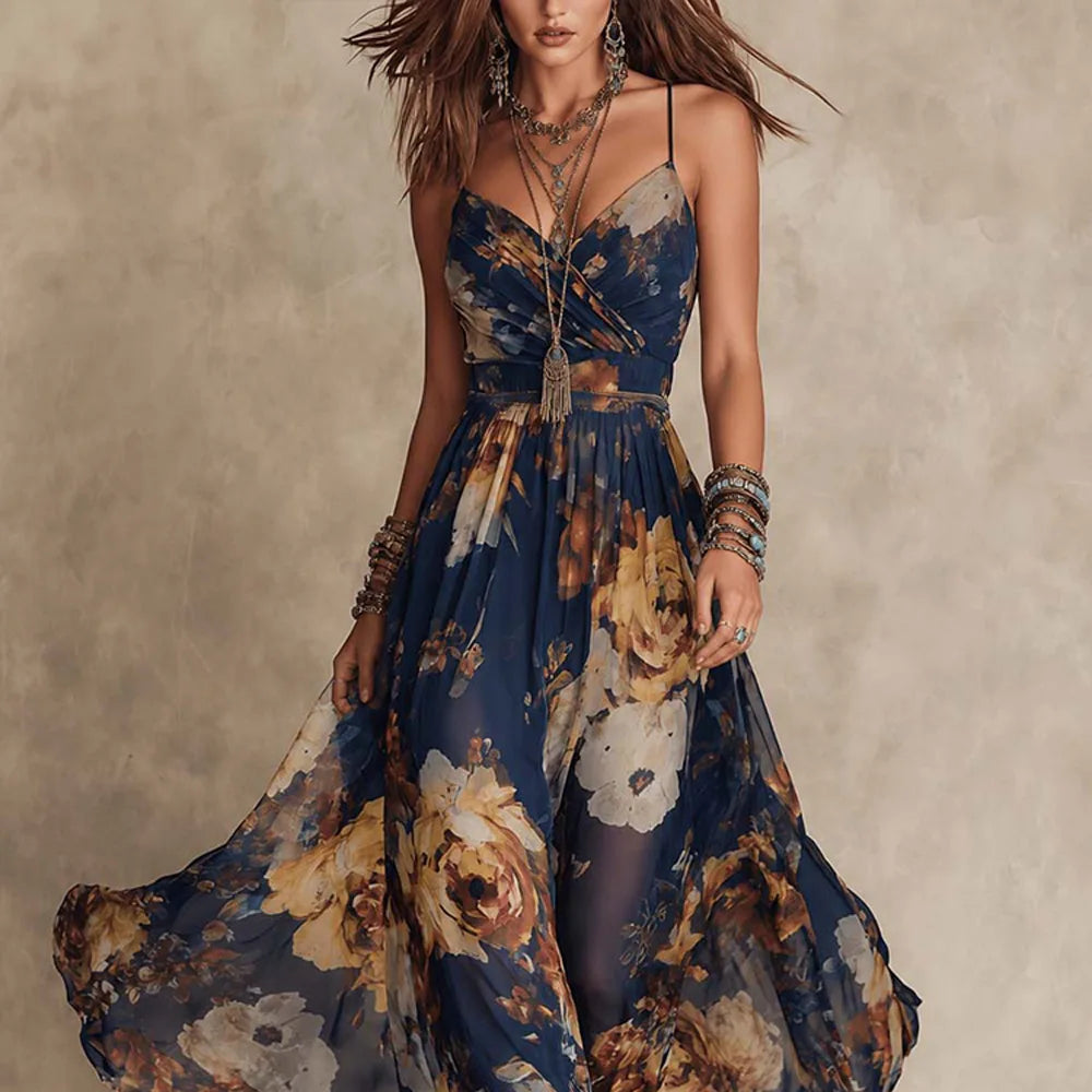 New Women Boho Floral Print Maxi Dress Elegant Spaghetti Strap V Neck Sleeveless Slim Waist A-Line Long Flowing Beach Sundress