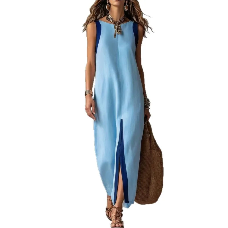 Boho Asymmetrical Hem Maxi Dress Front Slit Contrast Trim Summer New Woman Dresses Casual Sleeveless Round Neck Loose Dresses