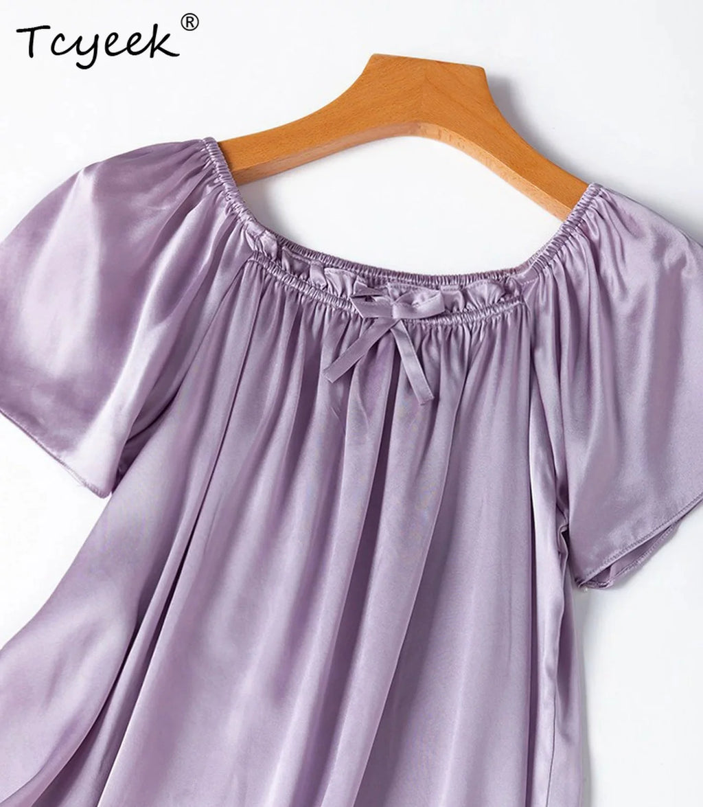 Tcyeek 21MM 100% Mulberry Silk Night Dress for Women Comfortable Sleepwear Women's Home Clothes Thin Purple Sommerkleid Damen