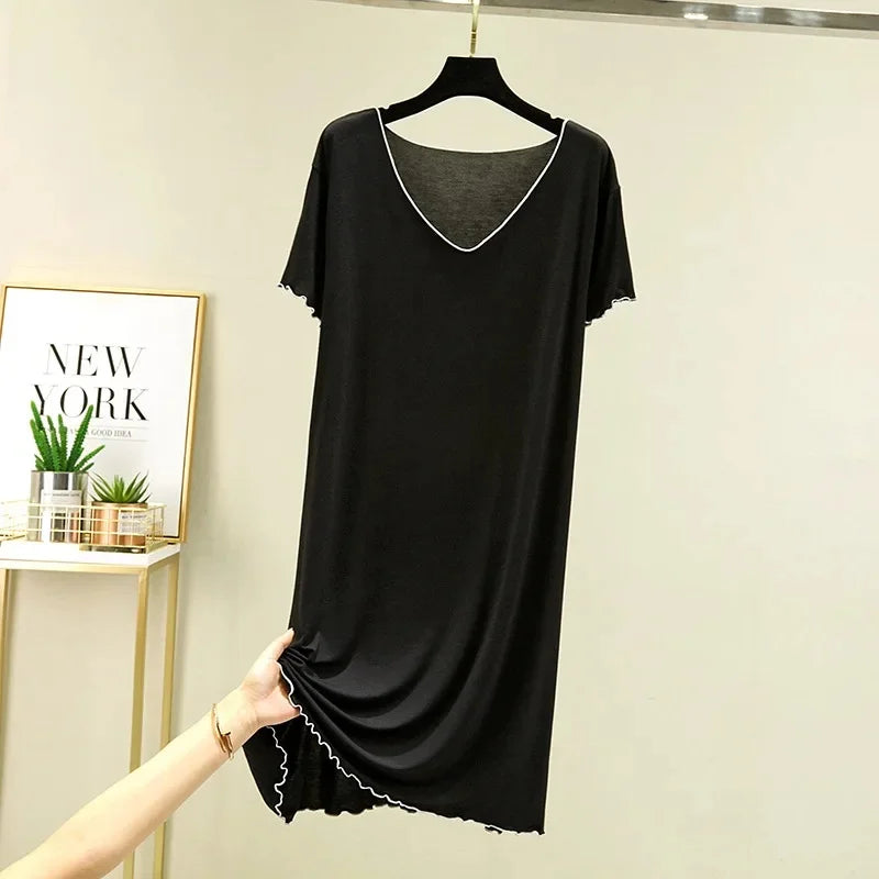 Loose Casual Modal Short Sleeve Dress V-Neck Base Skirt Thin Summer Floral Edge Sleep Dress Versatile Summer Dress