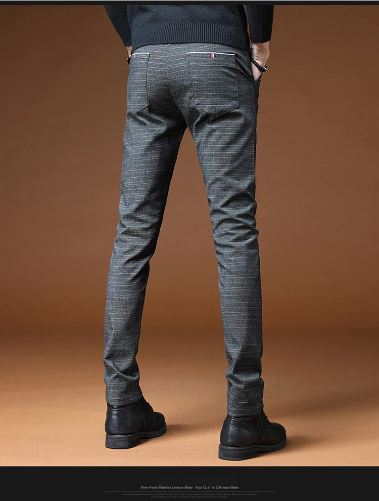 Classic Style Men's Casual Pants Fashion Striped Plaid Business Straight Slim Casual Pants Black Blue Gray Brand Men Trousers